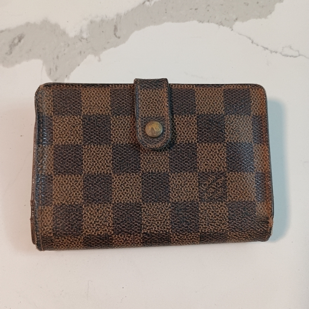 Louis Vuitton Damier Ebene French Kisslock Compact Wallet Brown Tan Checkboard